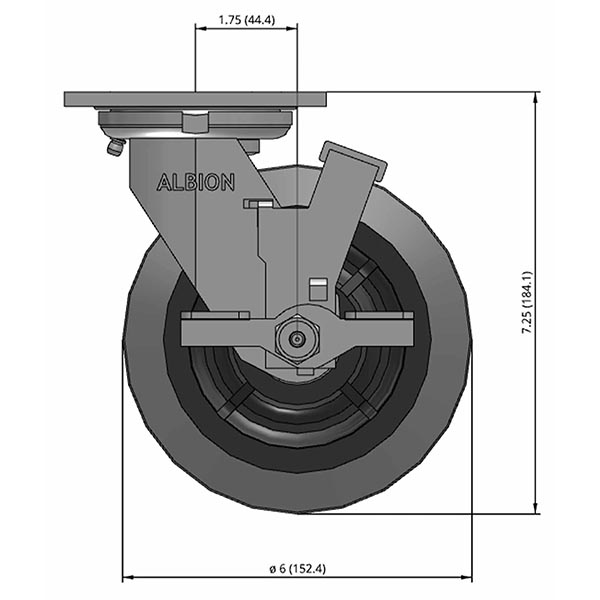 Side view drawing of caster with dimensions